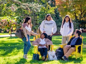 A group of students gathered on a campus lawn, interacting. The young woman in the center wears a sweatshirt that reads "Adelphi University"