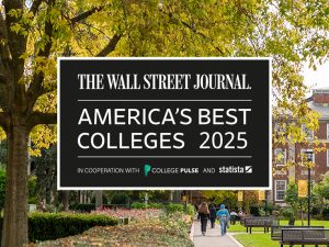 The Wall Street Journal's Best Colleges logo, superimposed on a photo of Adelphi's campus.