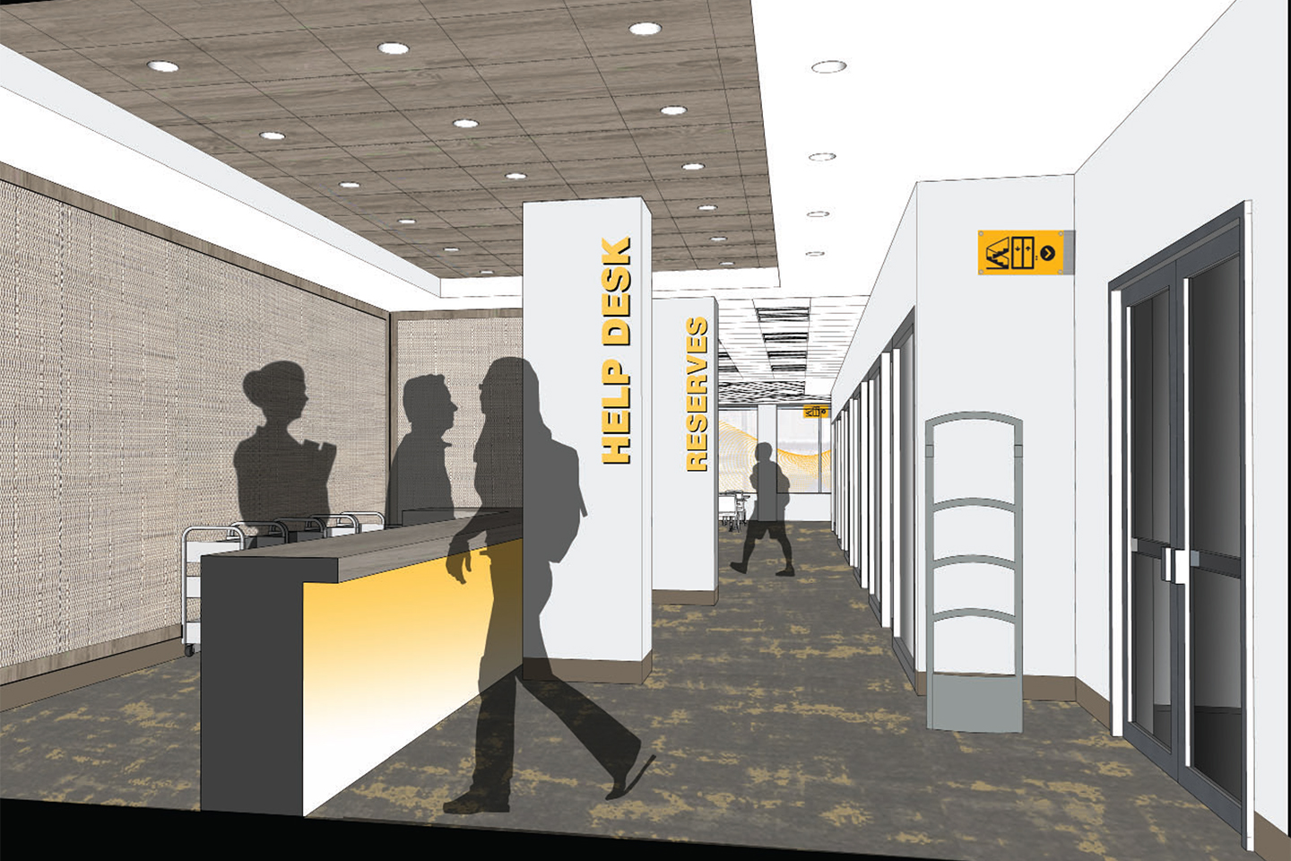 Architectural rendering Adelphi University's NYC Fifth Avenue location library, thoughtfully designed for accessibility, personalized assistance and quiet study spaces.