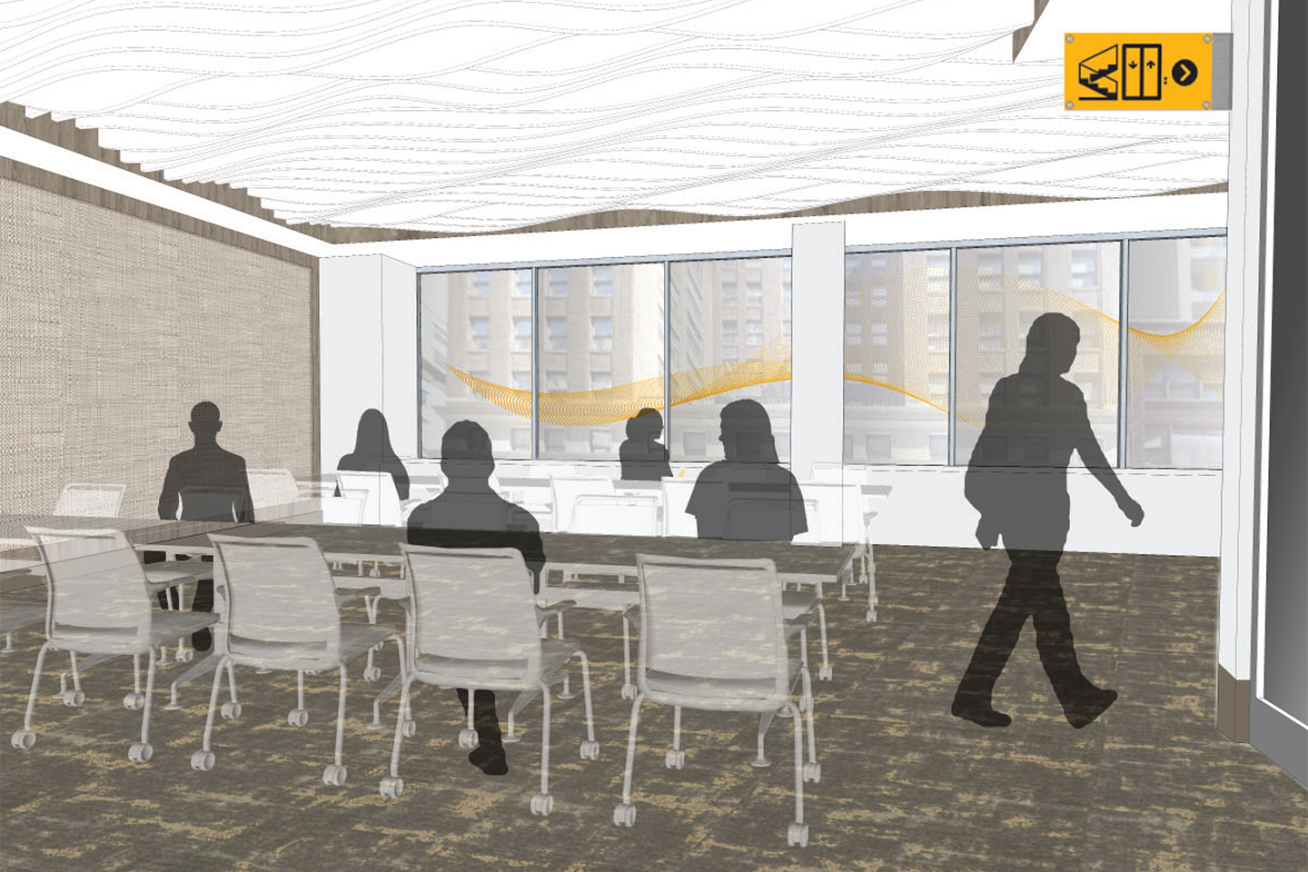 Architectural rendering Adelphi University's NYC Fifth Avenue location library, showcasing a contemporary design that blends collaborative spaces with areas for individual study.