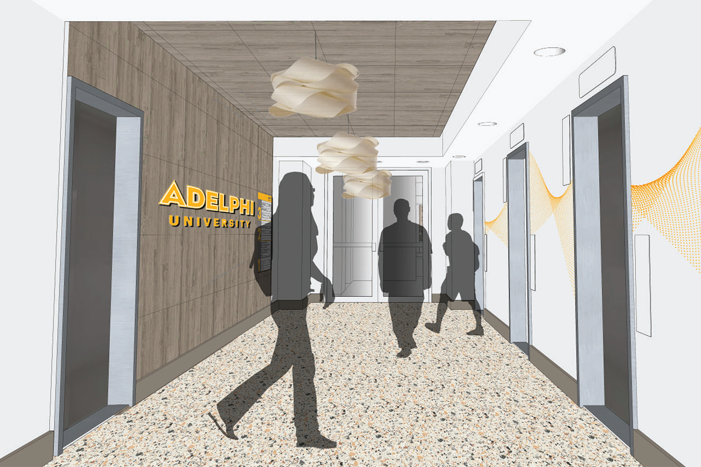 Architectural rendering Adelphi University's NYC Fifth Avenue location lobby, designed to create a welcoming space for Adelphi students.