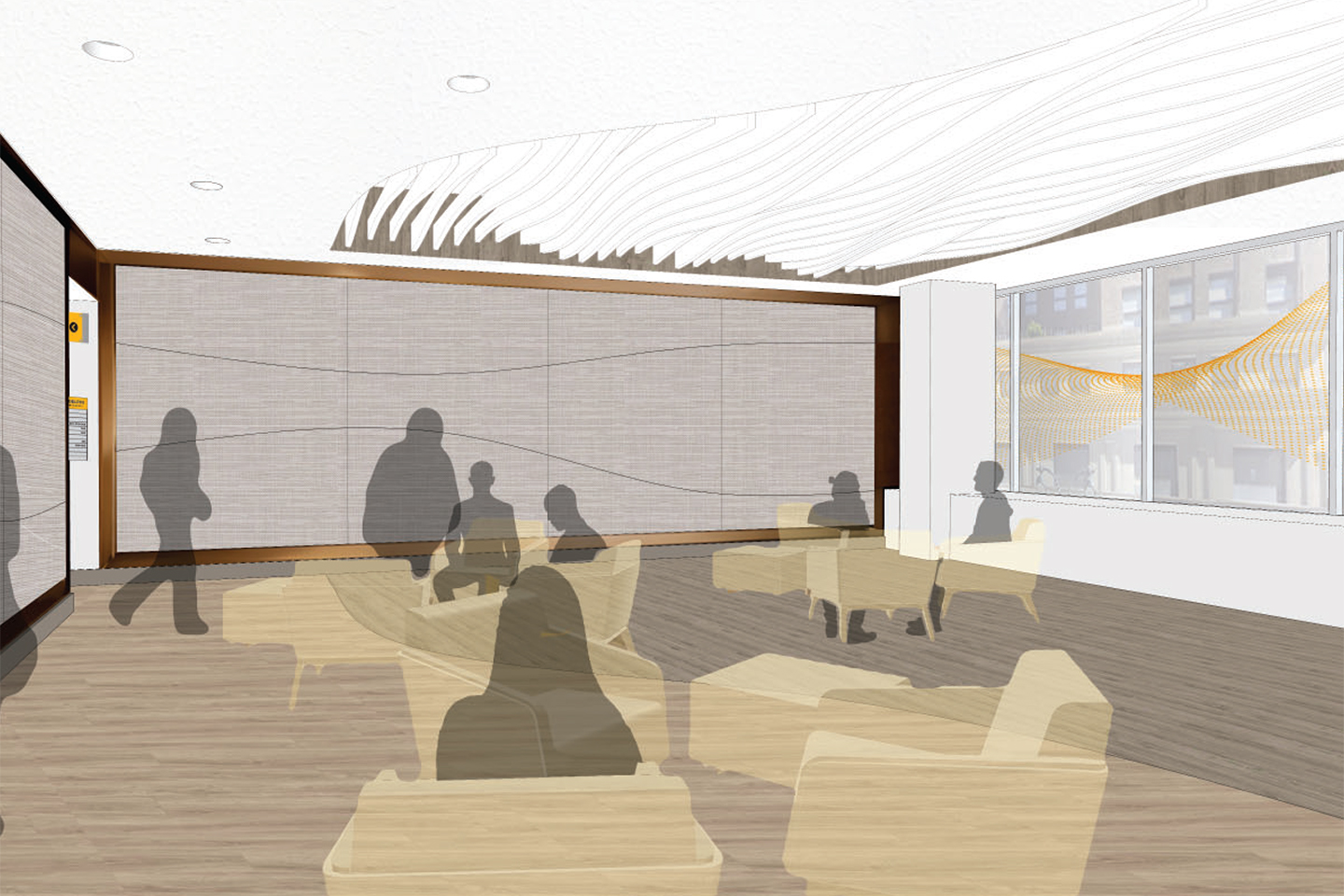 Architectural rendering Adelphi University's NYC Fifth Avenue location of the student lounge where students can unwind and collaborate in a modern, inviting setting.