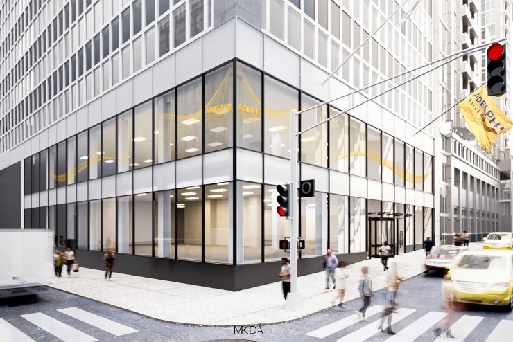 Architectural rendering Adelphi University's NYC Fifth Avenue location library, showcasing a contemporary design that blends collaborative spaces with areas for individual study.