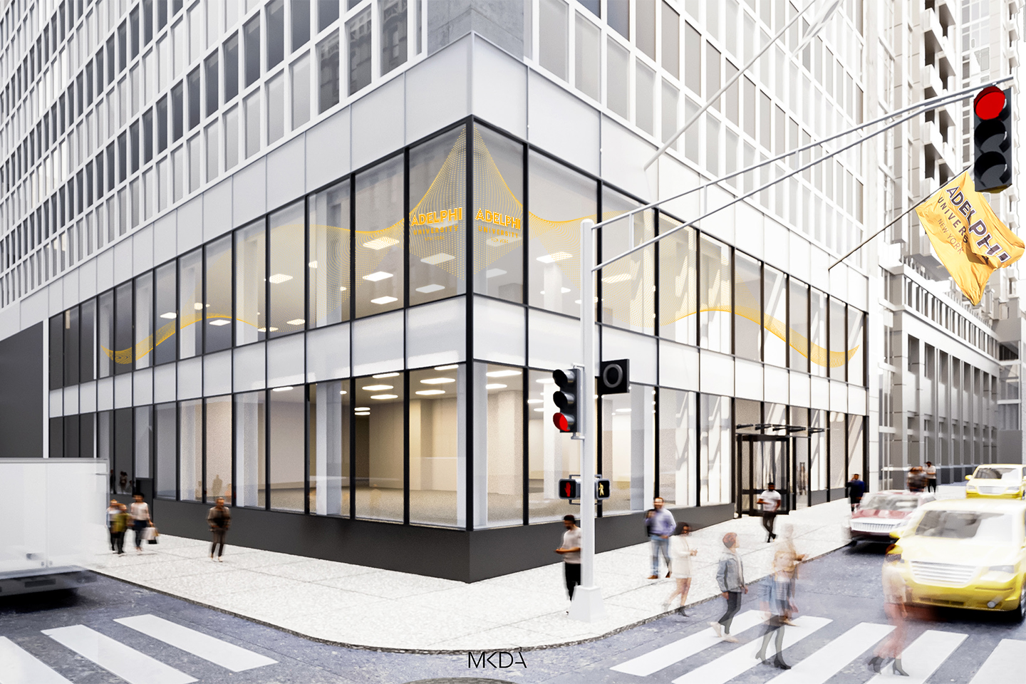 Architectural rendering of the exterior facade of Adelphi University's NYC Fifth Avenue location, featuring the iconic Adelphi flag as a symbol of pride and presence.