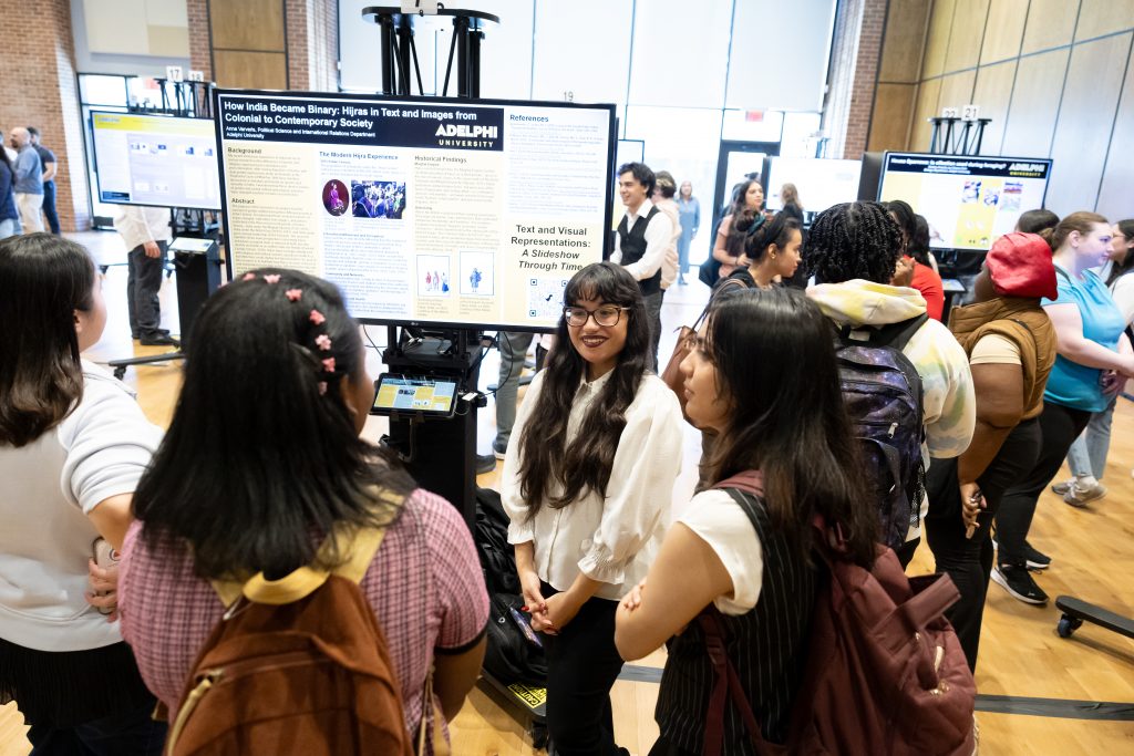 An Adelphi student Anna Varveris presenting their research at our annual Scholarship and Creative Works Conference. The title of the project is: "How India Became Binary: Hijras in Text and Images from Colonial to Contemporary Society"