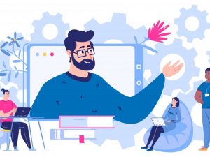 A colorful digital illustration depicts an online learning or mentorship setting.