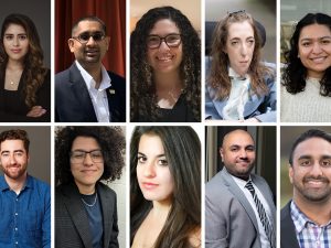 photo collage showing professional headshot photos of the 10 alumni who are being honored for Adelphi's 10 Under 10 displayed in two rows. The top row shows 1 man and 3 women, the bottom row shows 3 men and 2 women.