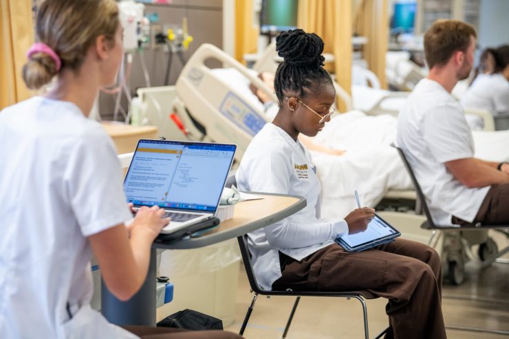 the Nexus Building lab full of nursing students at Adelphi University working on laptops.