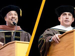 A collage of photos of Eduardo Vilaro and Patrick O'Shaughnessy as they spoke at Commencement ceremonies.