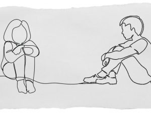 Two illustrations, one of a young girl seated on the floor with her arms crossed over her knees, the other of a young boy in the same pose.