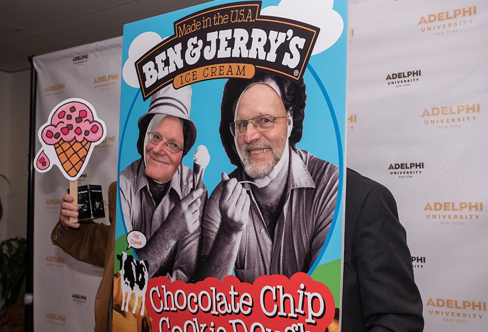co-founders of ice cream brand Ben & Jerry's posing at an event at Adelphi University