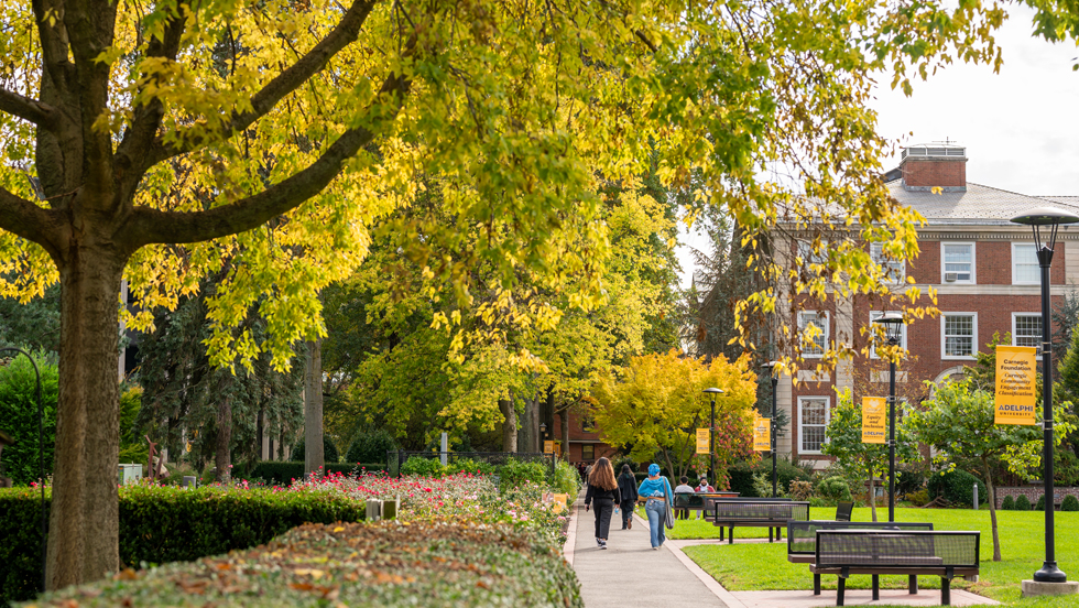 Adelphi campus in Garden City. Beautiful fall leaves changing color while students walk on the pathways.