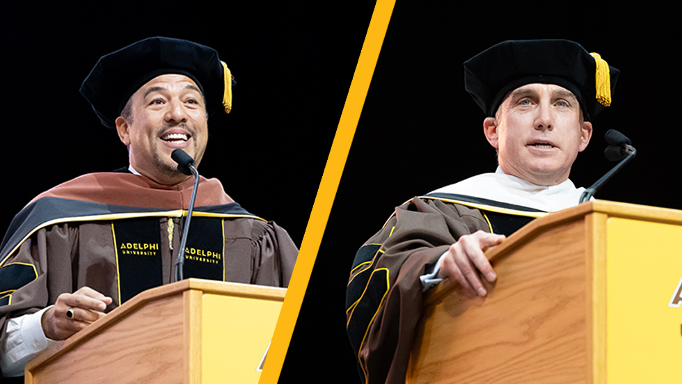 A collage of photos of Eduardo Vilaro and Patrick O'Shaughnessy as they spoke at Commencement ceremonies.