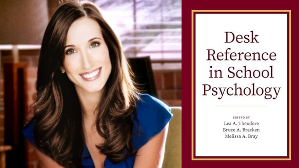 Headshot of woman with long brown hair smiling at camera on left side, on right side, book cover of "Desk Reference in School Reference"