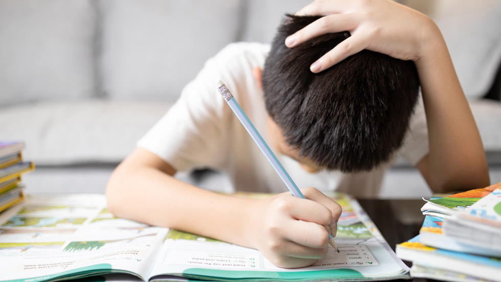 A young boy is in deep concentration as he answers questions in his workbook.