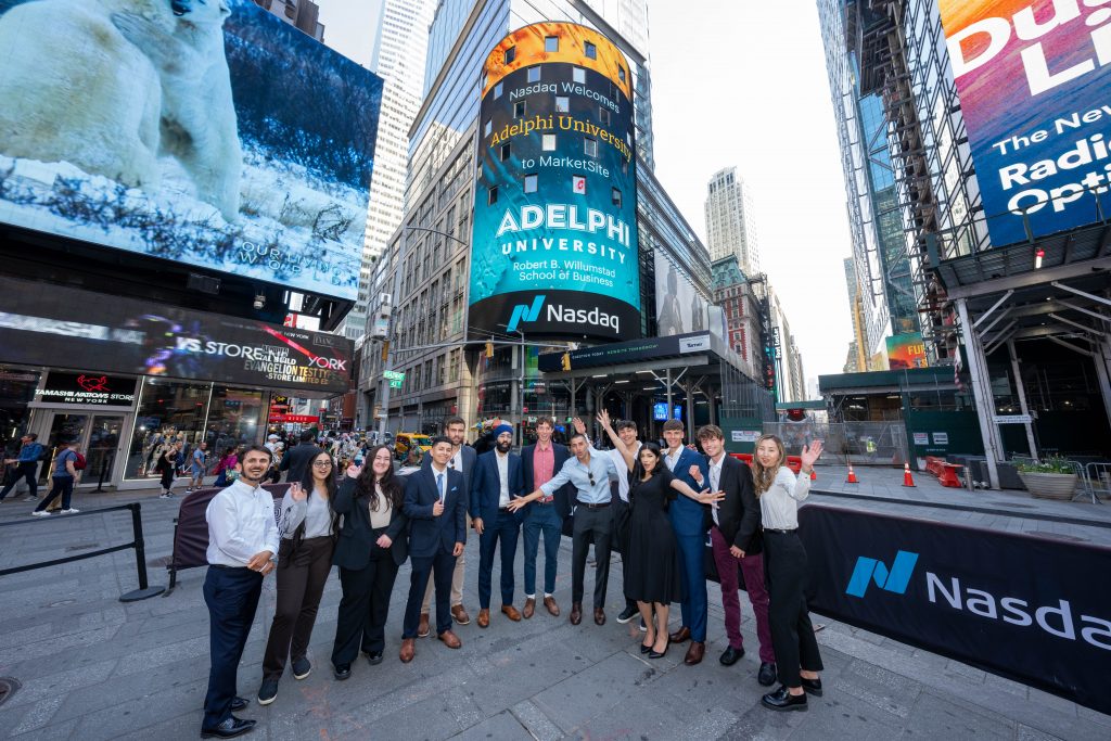 As part of the Robert B. Willumstad School of Business job shadowing program, students toured the Nasdaq stock exchange in Manhattan.