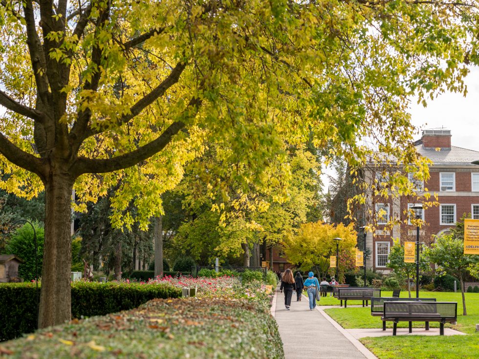 A few students walking on a path toward a brick building on Adelphi’s campus with trees, flowers and tables along the side 