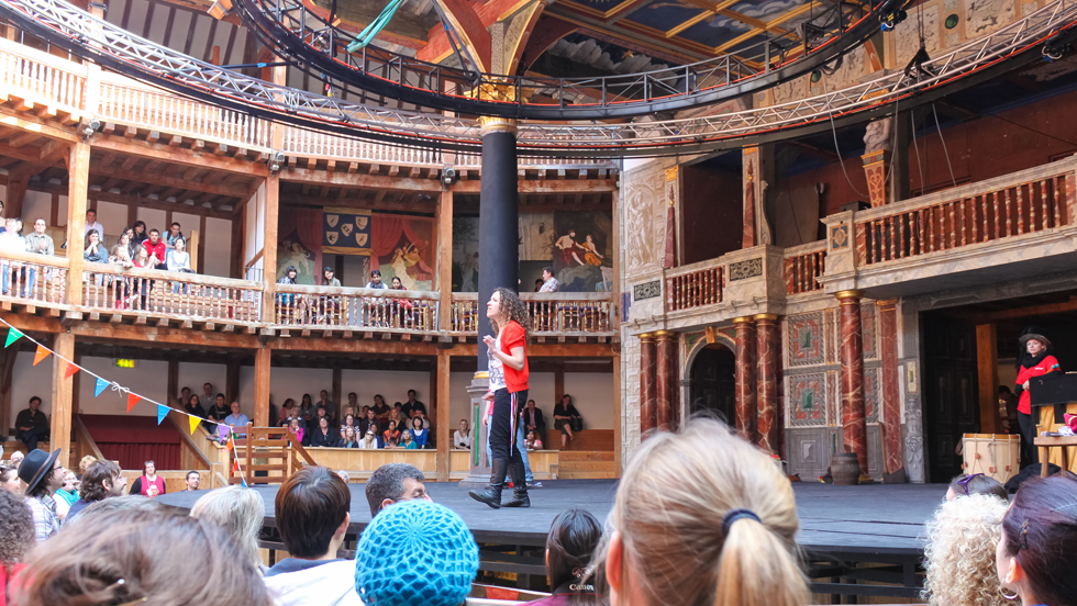 An actor on stage at the Globe Theatre in London.