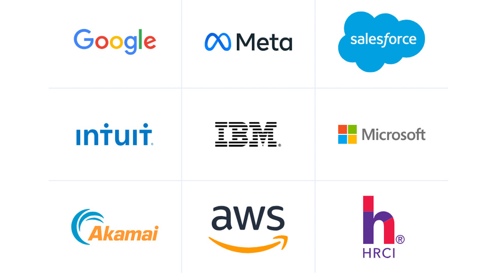 A group of corporate logos with names that read: "Google, Meta, Salesforce, Intuit, IBM, Microsoft, Akamai, AWS, HRCI"