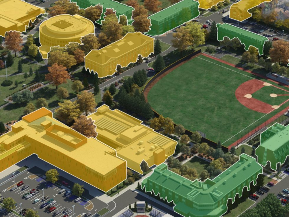 Overview of campus with some building highlighted