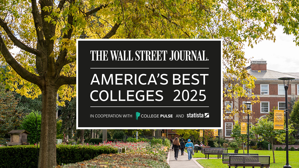 The Wall Street Journal's Best Colleges logo, superimposed on a photo of Adelphi's campus.