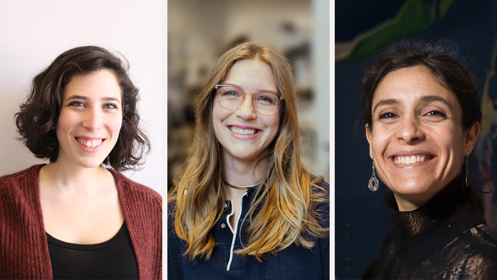 A triptych of three headshots of three different women, each smiling