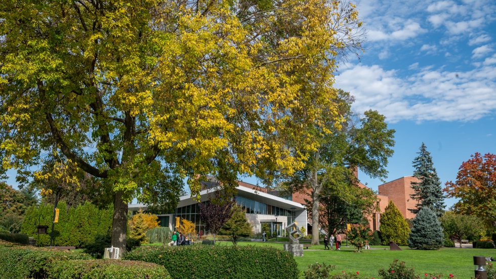 Buildings and greenery on Adelphi's Garden City, New York campus