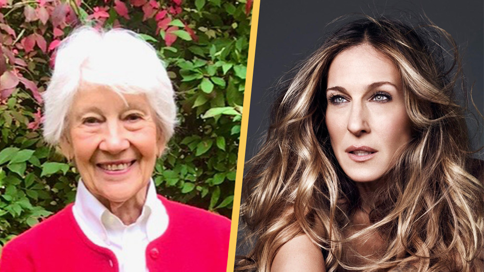 Two headshot photographs side by side featuring a woman one with short white hair standing in front of color leaves and another woman with long brown hair with a neutral background.