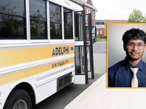 An Adelphi shuttle bus, with an inset photo of Dylan Jaipersaud ’23, MS ’24