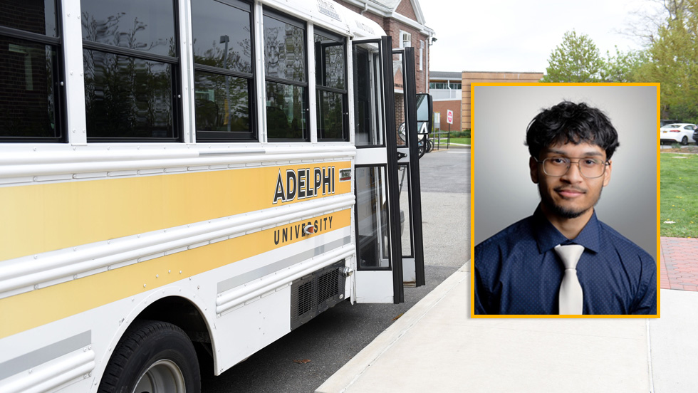 An Adelphi shuttle bus, with an inset photo of Dylan Jaipersaud ’23, MS ’24