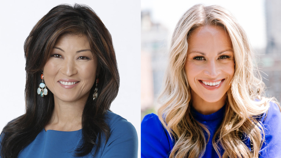 A headshot of a woman (Juju Chang) with dark hair in a blue dress and a headshot of a woman (Kindra Hall) with long, wavy blonde hair in a blue shirt.