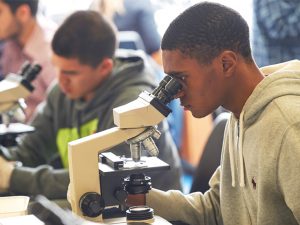 College students look through microscopes in a classroom.